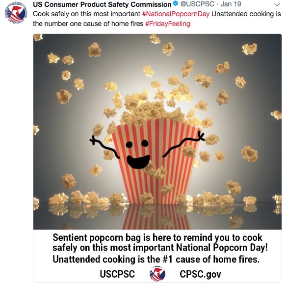 Cook safely on this most important PopcornDay Unattended cooking is the number one cause of home fires Sentient popcorn bag is here to remind you to cook safely on this most important Nation