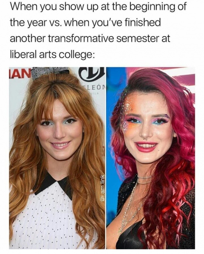 funny meme - blond - When you show up at the beginning of the year vs. when you've finished another transformative semester at liberal arts college Ianu Leon .am.link
