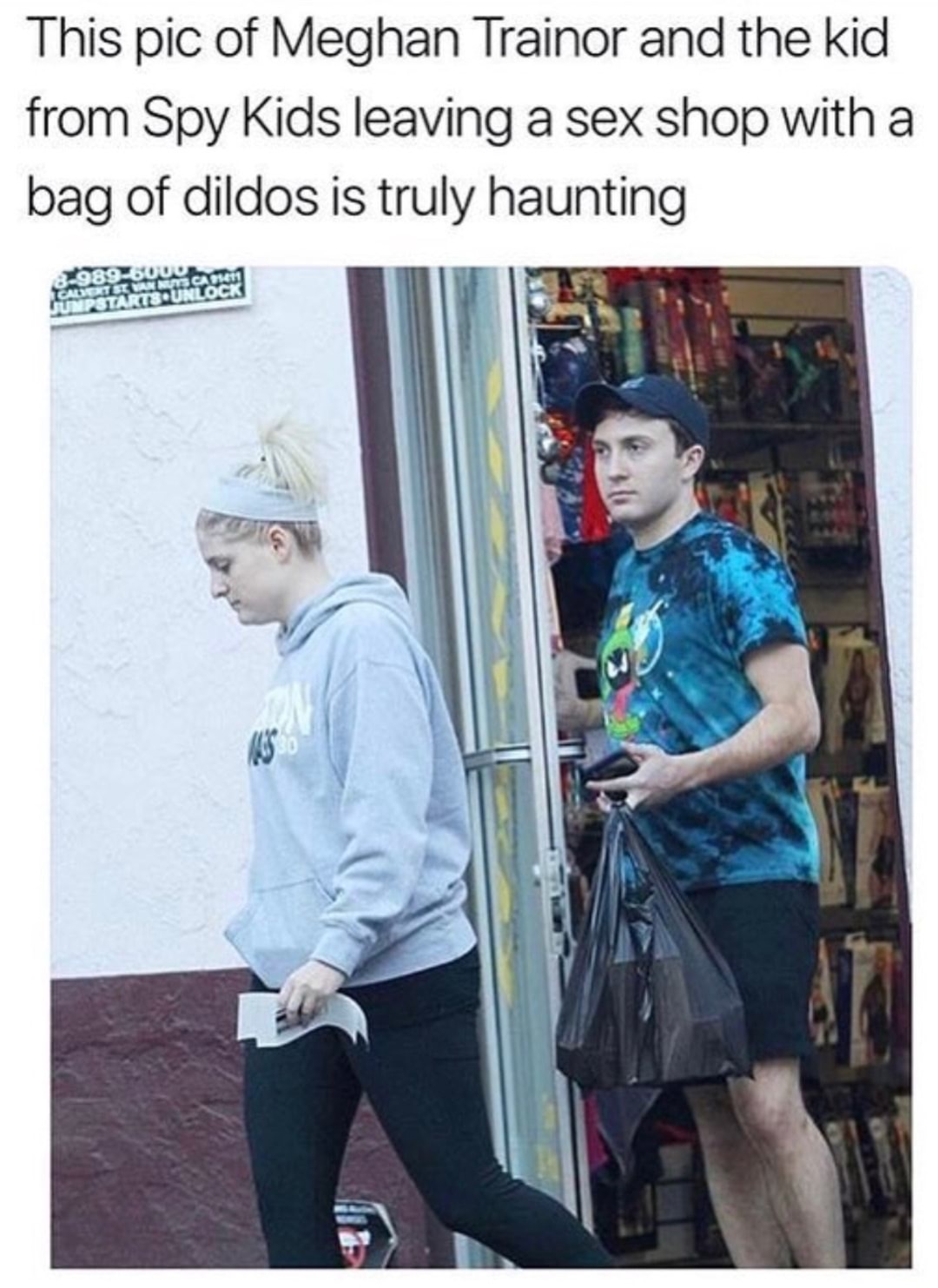 funny meme - meghan trainor spy kids - This pic of Meghan Trainor and the kid from Spy Kids leaving a sex shop with a bag of dildos is truly haunting Chant