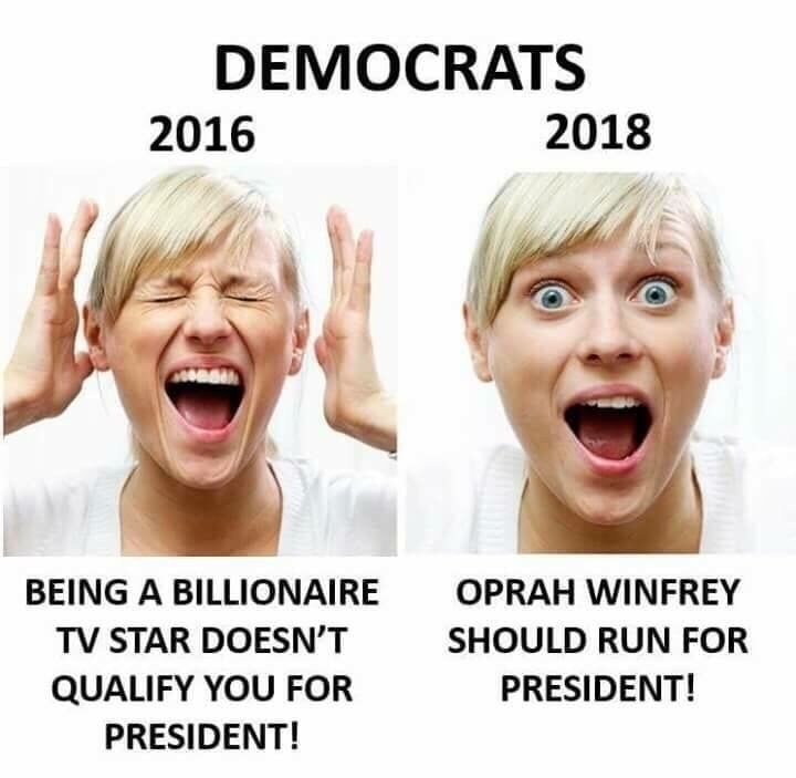 funny meme - hypocrisy of the left - Democrats 2016 2018 Being A Billionaire Tv Star Doesn'T Qualify You For President! Oprah Winfrey Should Run For President!