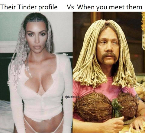 funny meme - rob schneider 50 first dates character - Their Tinder profile Vs When you meet them
