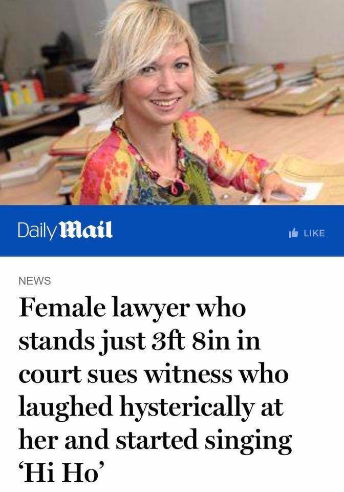 Daily Mail 16 News Female lawyer who stands just 3ft 8in in court sues witness who laughed hysterically at her and started singing 'Hi Ho'