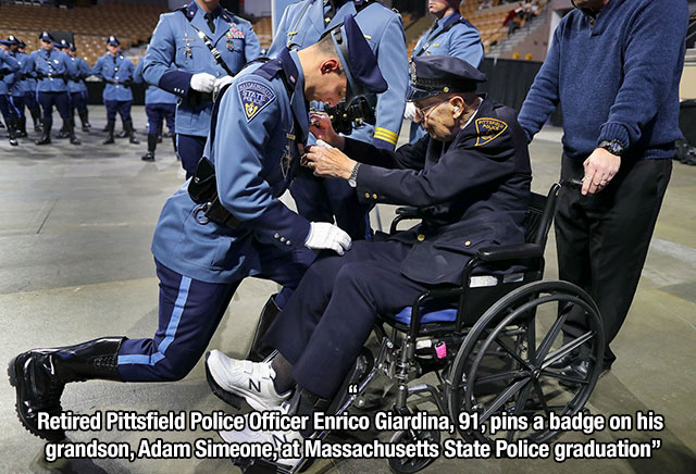 massachusetts state police museum - Retired Pittsfield Police Officer Enrico Giardina, 91, pins a badge on his grandson, Adam Simeone, at Massachusetts State Police graduation"