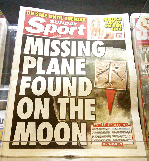 Funny picture of ridiculous headline of missing plane found on the moon