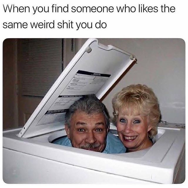 Funny picture of couple in the washing machine and caption joking about the feeling of when you finally find someone who likes the same weird shit you do