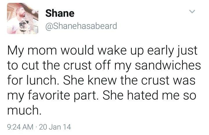 document - Shane 7 My mom would wake up early just to cut the crust off my sandwiches for lunch. She knew the crust was my favorite part. She hated me so much. 20 Jan 14