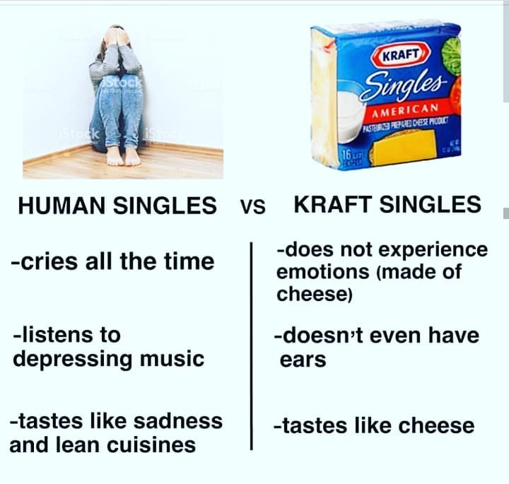 kraft singles - Kraft Singles American Poster Predex Roc 16 Human Singles Vs Kraft Singles cries all the time does not experience emotions made of cheese listens to depressing music doesn't even have ears tastes sadness and lean cuisines tastes cheese