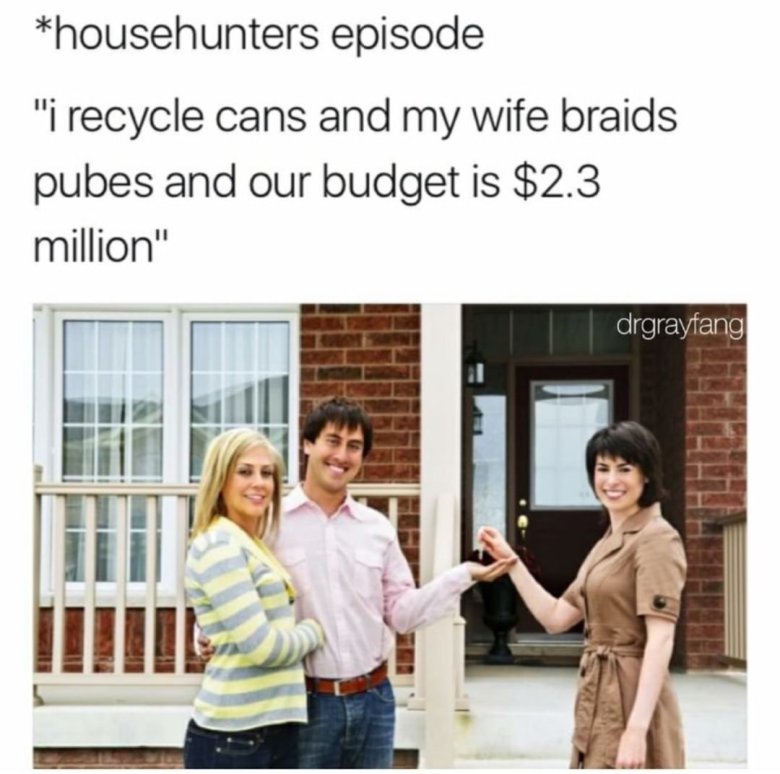 house hunters meme braid pubes - househunters episode "i recycle cans and my wife braids pubes and our budget is $2.3 million" drgrayfang