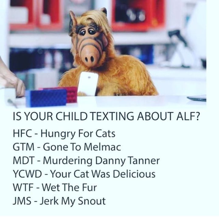 Is Your Child Texting About Alf? Hfc Hungry For Cats Gtm Gone To Melmac Mdt Murdering Danny Tanner Ycwd Your Cat Was Delicious Wtf Wet The Fur Jms Jerk My Snout