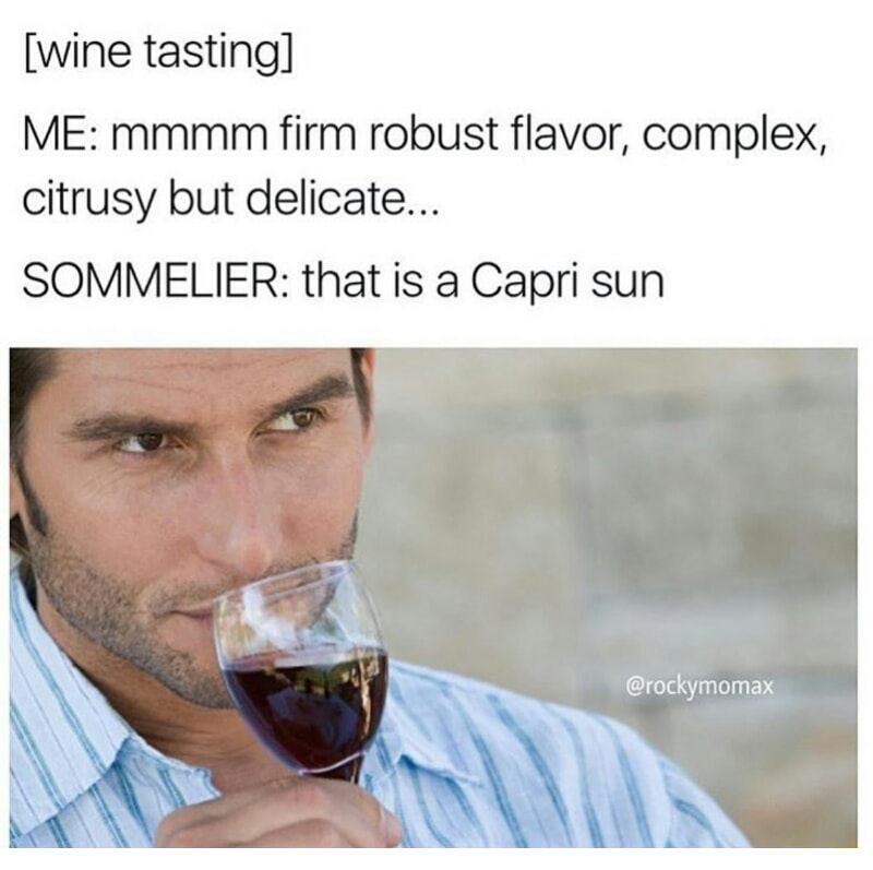sommelier meme - wine tasting Me mmmm firm robust flavor, complex, citrusy but delicate... Sommelier that is a Capri sun