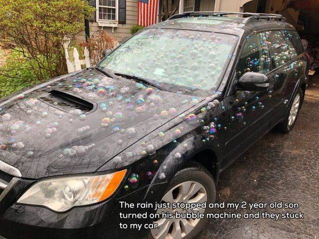 carefree funny pics of - glass - The rain just stopped and my 2 year old son turned on his bubble machine and they stuck to my car.
