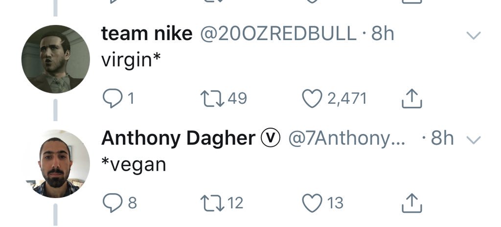 tweet - angle - team nike 8h v virgin 21 2749 2,471 Anthony Dagher ... 8h v vegan Q8 2712 13