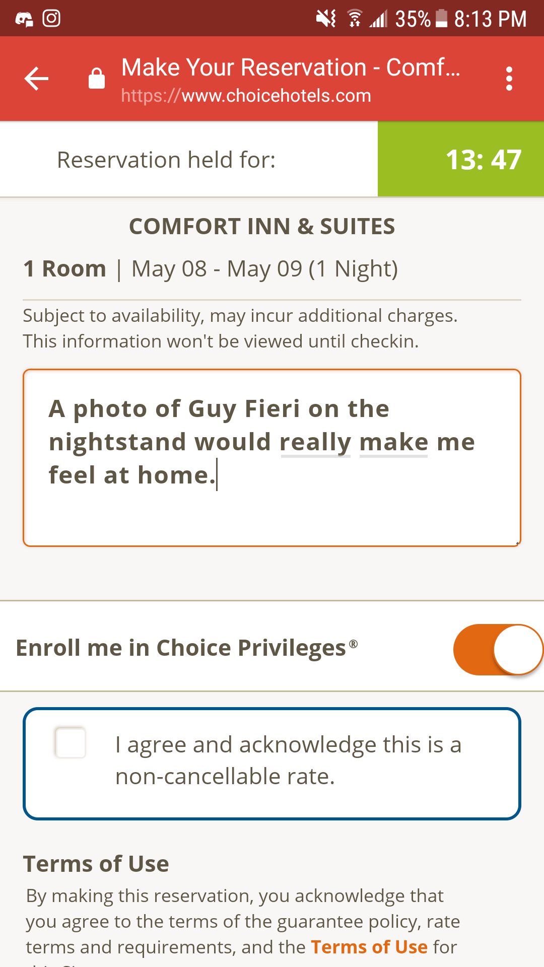 man requesting from Comfort Inn that a photo of Guy Fieri be on the nightstand and they oblige