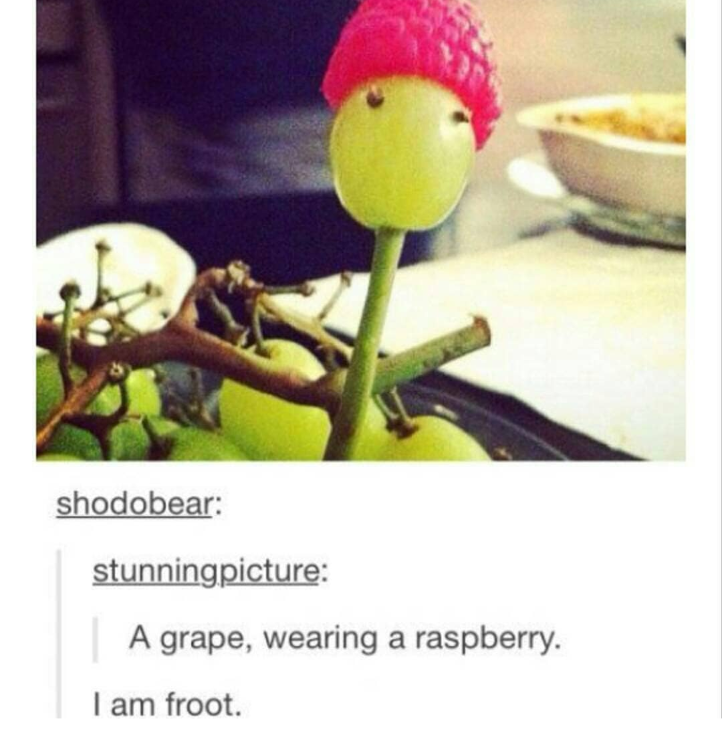 pun about a grape wearing a raspberry as a hat that it is a froot