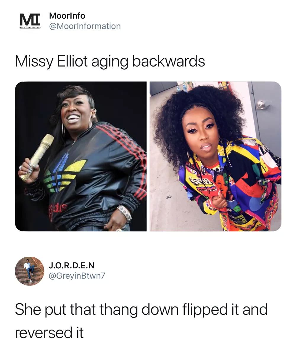 Meme of Missy Elliot aging backwards