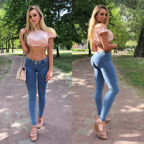 Hot girl in the park side and front view wearking smoking outfit