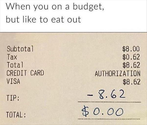 angle - When you on a budget, but to eat out Subtotal Tax Total Credit Card Visa $8.00 $0.62 $8.62 Authorization $8.62 8.62 Total $0.00