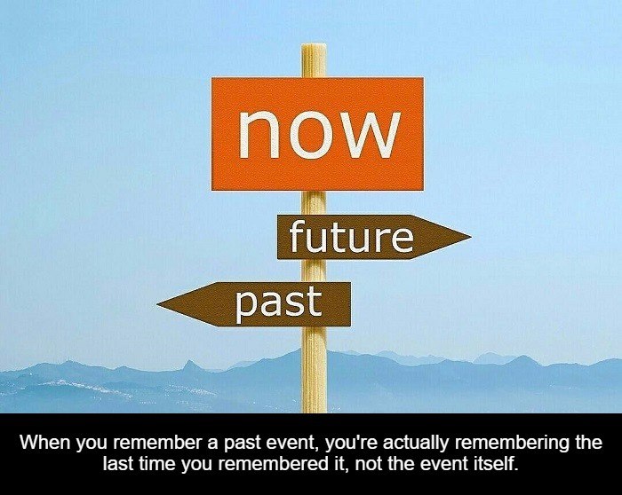 sign - now future past When you remember a past event, you're actually remembering the last time you remembered it, not the event itself.