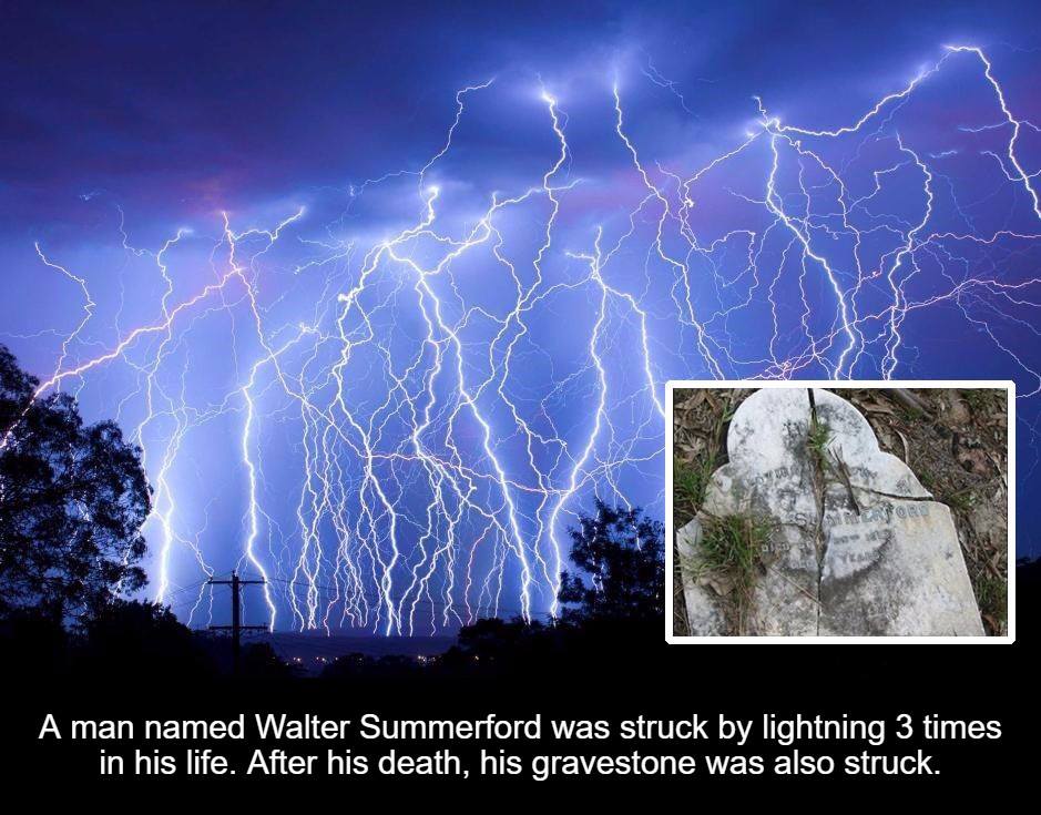 lightning on football field - A man named Walter Summerford was struck by lightning 3 times in his life. After his death, his gravestone was also struck.