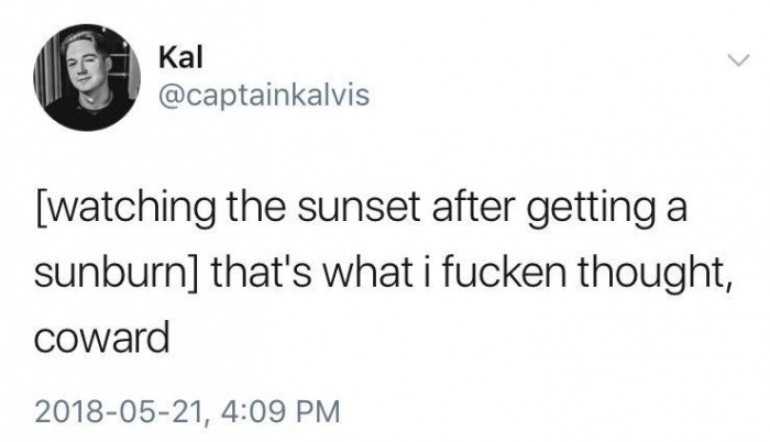 describe yourself as a thing - Kal Kal watching the sunset after getting a sunburn that's what i fucken thought, coward ,