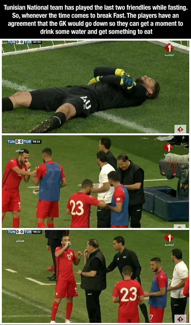 player - Tunisian National team has played the last two friendlies while fasting. So, whenever the time comes to break Fast. The players have an agreement that the Gk would go down so they can get a moment to drink some water and get something to eat Tuno