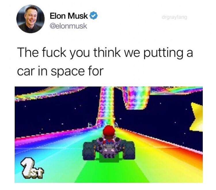 elon musk mario kart meme - drgraylang Elon Musk The fuck you think we putting a car in space for