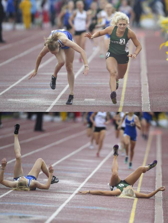 girls pushing each other and both falling in a race