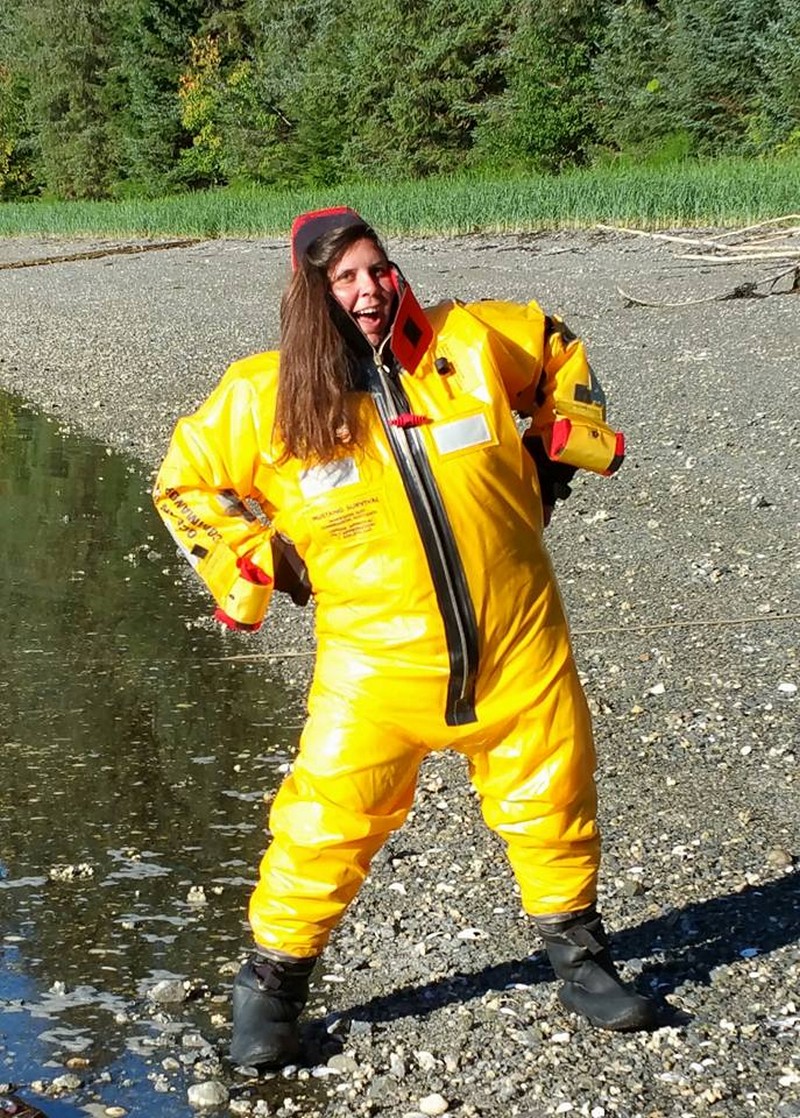 woman in inflated hazmat suit