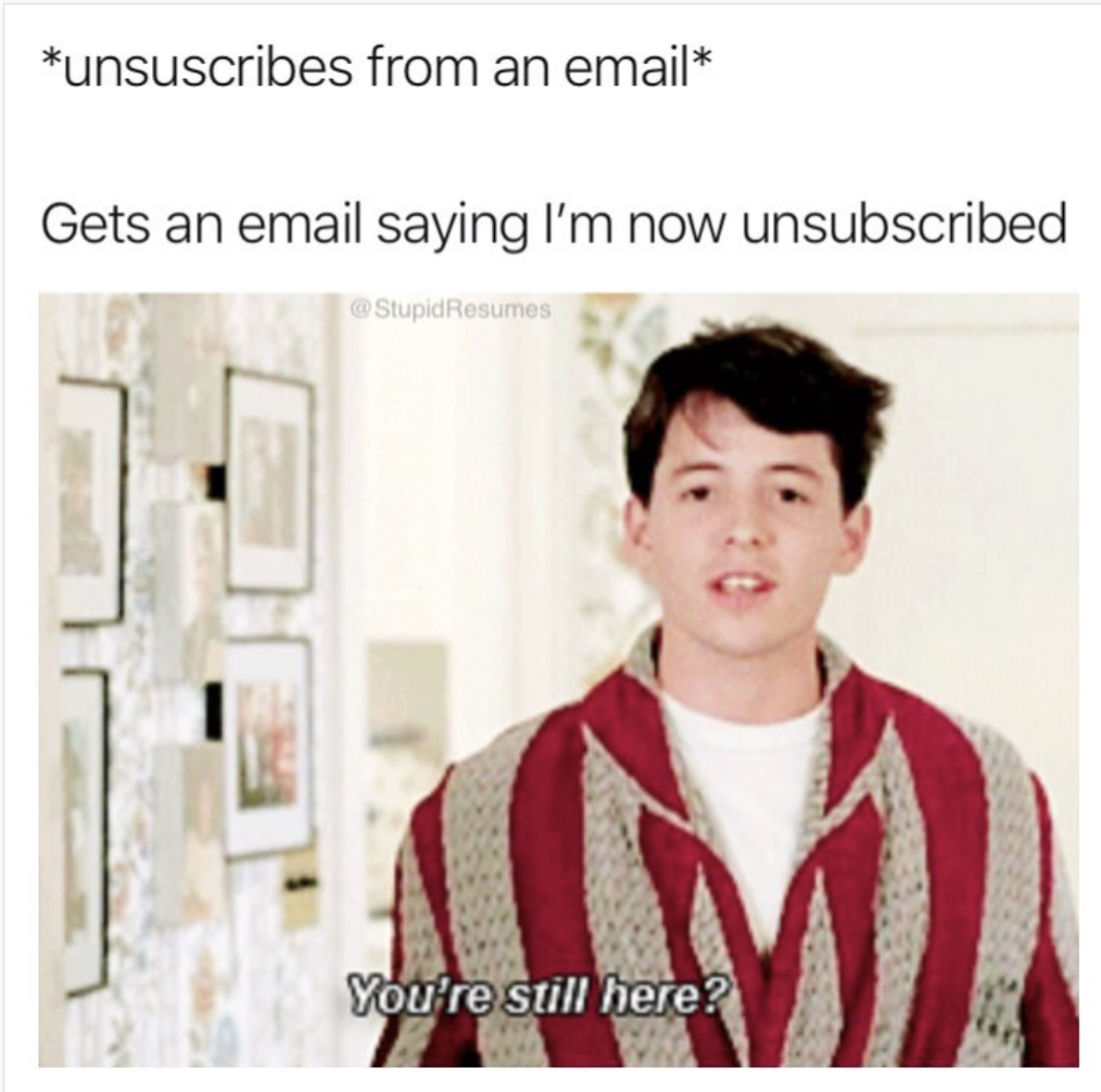 ferris bueller meme - unsuscribes from an email Gets an email saying I'm now unsubscribed Stupid Resumes You're still here?