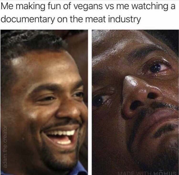 making fun of vegan memes - Me making fun of vegans vs me watching a documentary on the meat industry adam. the creator De Wtemomis