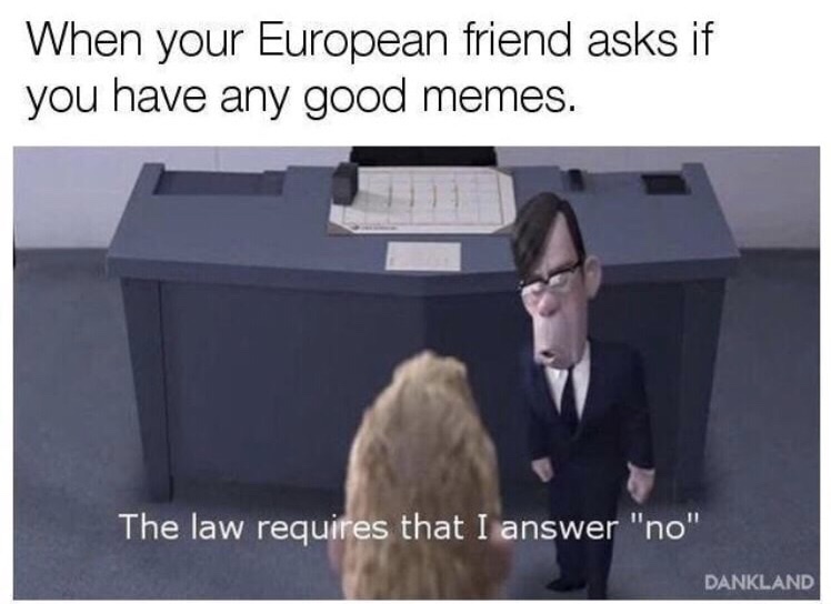 now you have officially carried it too far buddy - When your European friend asks if you have any good memes. The law requires that I answer "no" Dankland