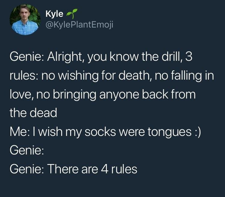 presentation - Kyle Genie Alright, you know the drill, 3 rules no wishing for death, no falling in love, no bringing anyone back from the dead Me I wish my socks were tongues Genie Genie There are 4 rules