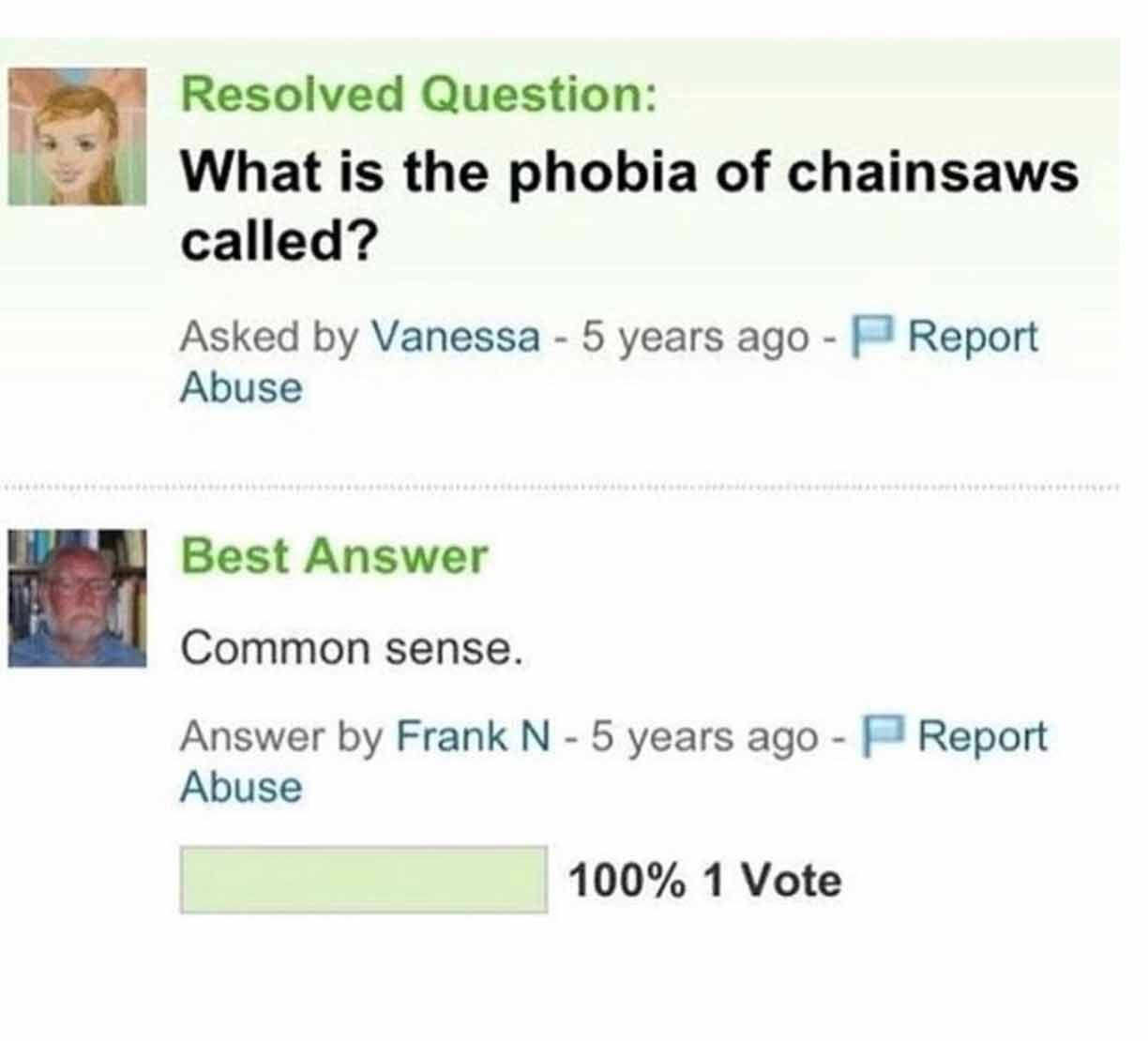 random phobia of chainsaws called - Resolved Question What is the phobia of chainsaws called? Asked by Vanessa 5 years ago Abuse Report Best Answer Common sense. Answer by Frank N 5 years ago Abuse Report 100% 1 Vote