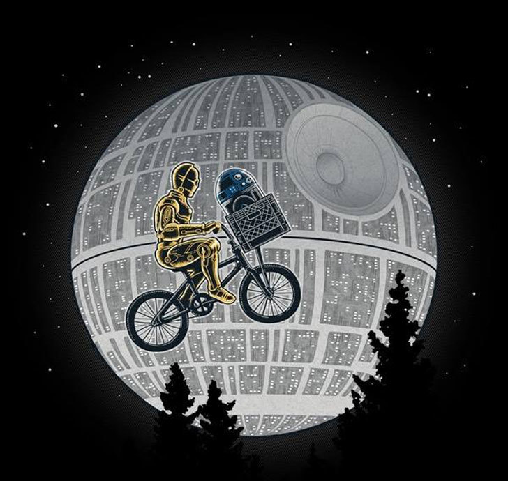 R2D2 and C3PO in a bike crossing over the rising Death Star in a very ET style way