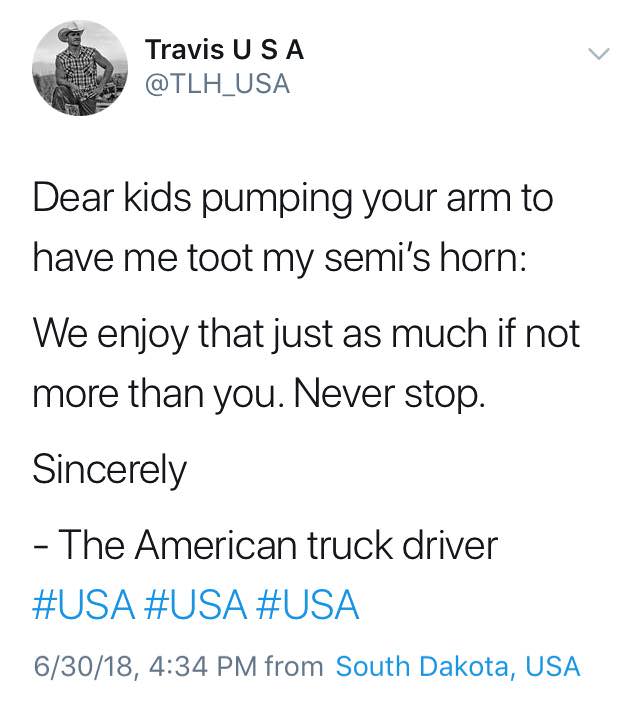 cute tweet from trucker who enjoys blaring the horn when kids ask