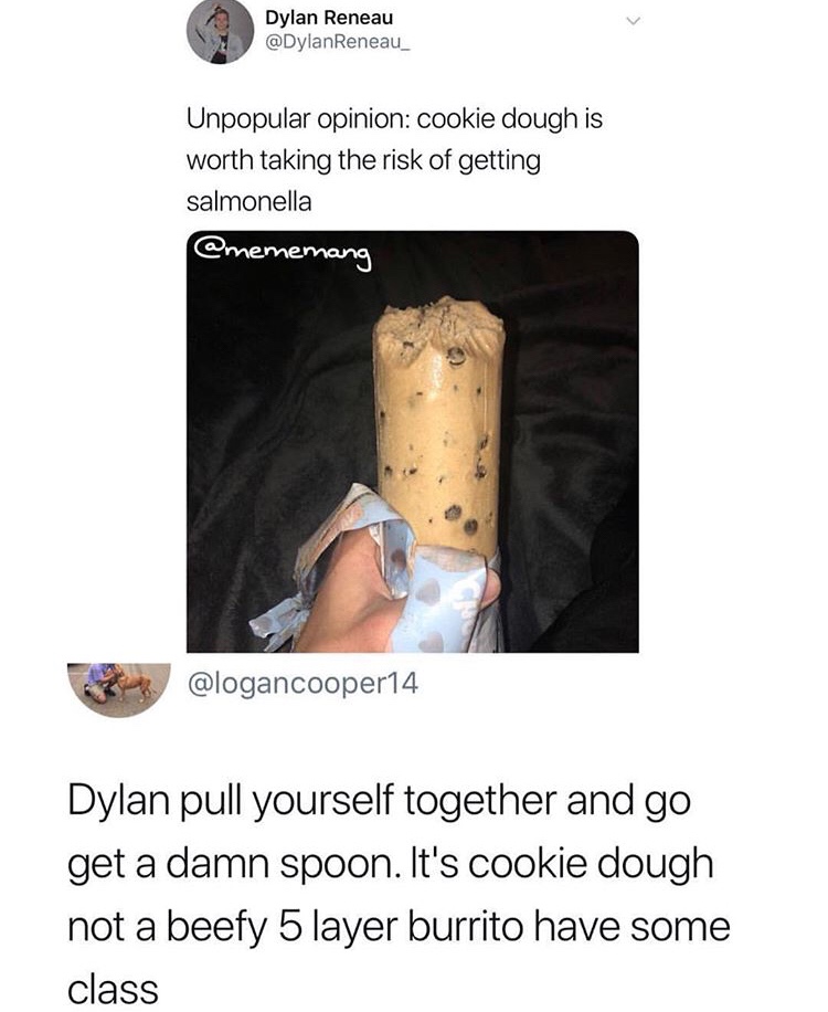 salmonella cookie dough meme - Dylan Reneau Unpopular opinion cookie dough is worth taking the risk of getting salmonella Dylan pull yourself together and go get a damn spoon. It's cookie dough not a beefy 5 layer burrito have some class