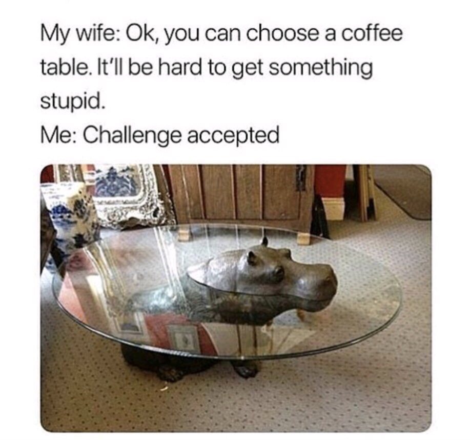 you can choose coffee table - My wife Ok, you can choose a coffee table. It'll be hard to get something stupid. Me Challenge accepted