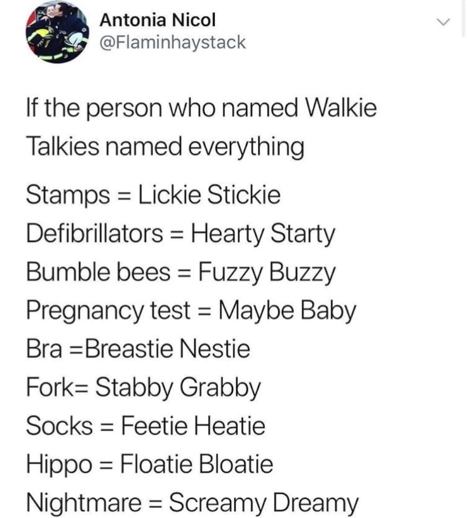 meme stream - rooty tooty point and shooty - Antonia Nicol If the person who named Walkie Talkies named everything Stamps Lickie Stickie Defibrillators Hearty Starty Bumble bees Fuzzy Buzzy Pregnancy test Maybe Baby Bra Breastie Nestie Fork Stabby Grabby 