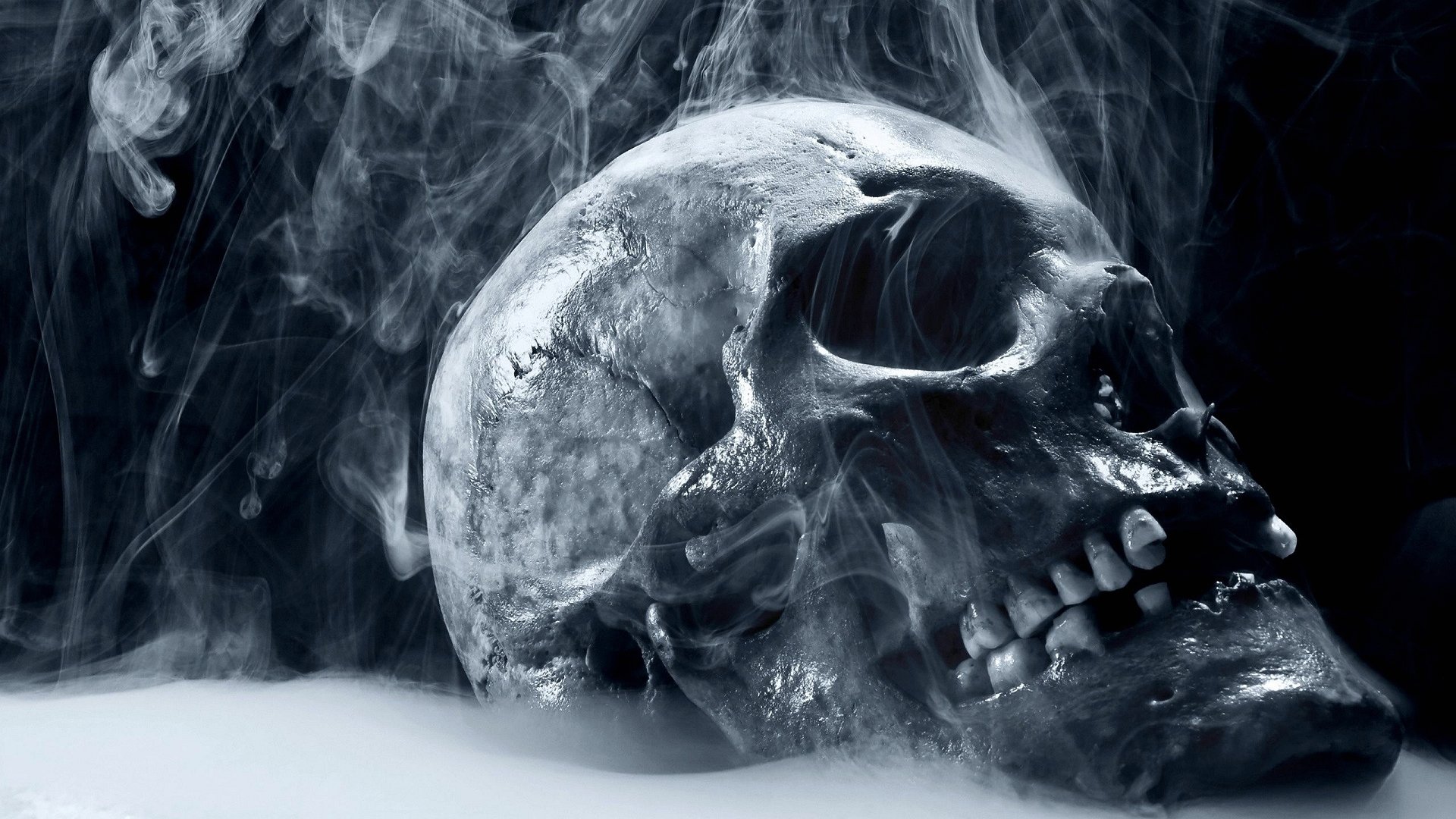 photograph of a smoking skull