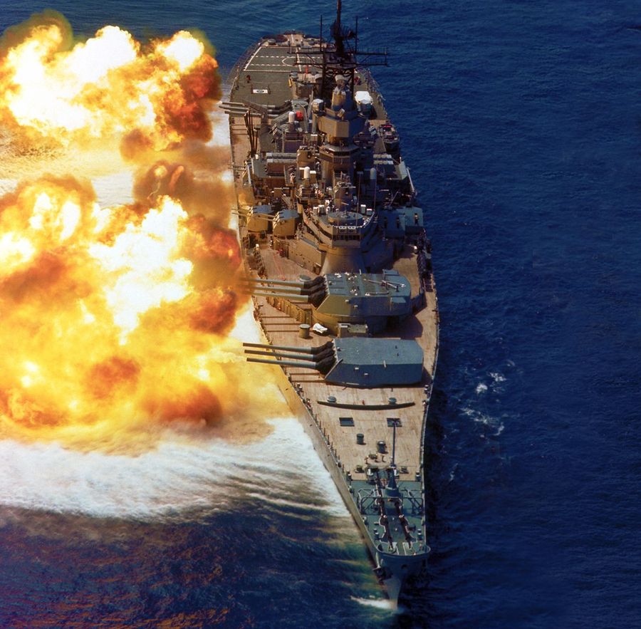 Massive firepower coming out of one side of a gun boat