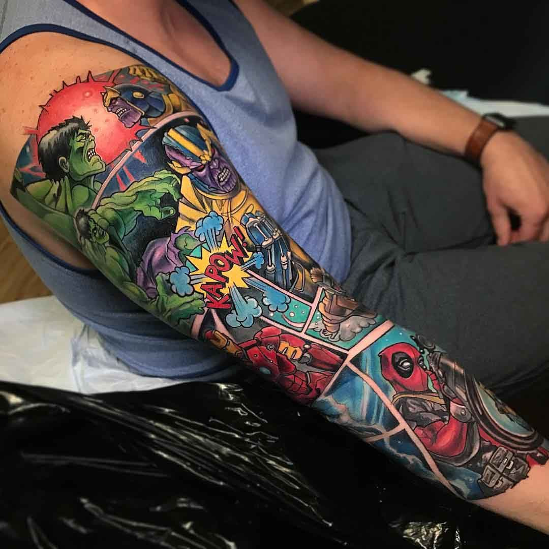 marvel cartoon tattoo on entire right arm