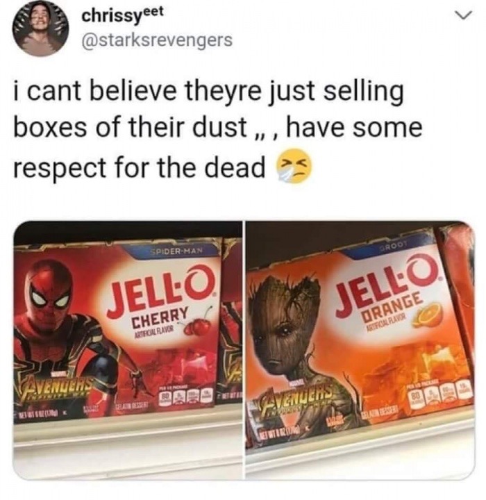 avengers jello meme - chrissyeet i cant believe theyre just selling boxes of their dust ,, have some respect for the dead > SpiderMan Jello Jello Cherry Artfol Rano Orange Refoaravor