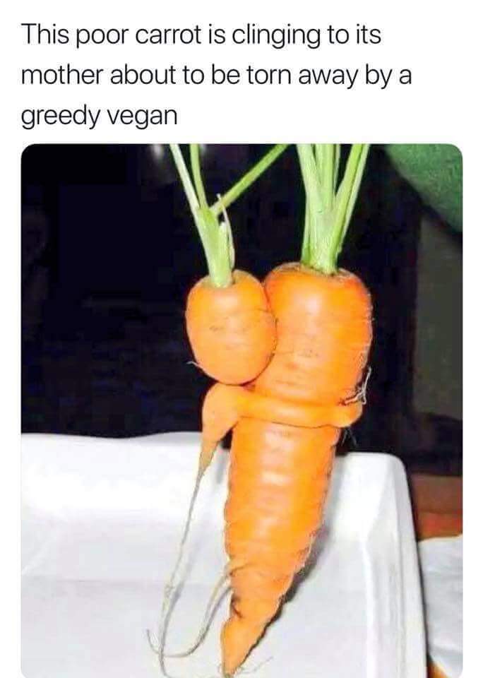 carrot meme - This poor carrot is clinging to its mother about to be torn away by a greedy vegan