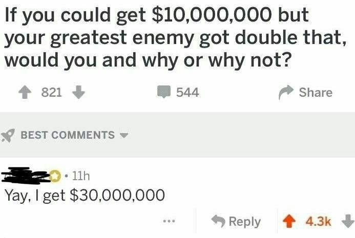 meme of document - If you could get $10,000,000 but your greatest enemy got double that, would you and why or why not? 4 821 544 Best 3 .11h Yay, I get $30,000,000