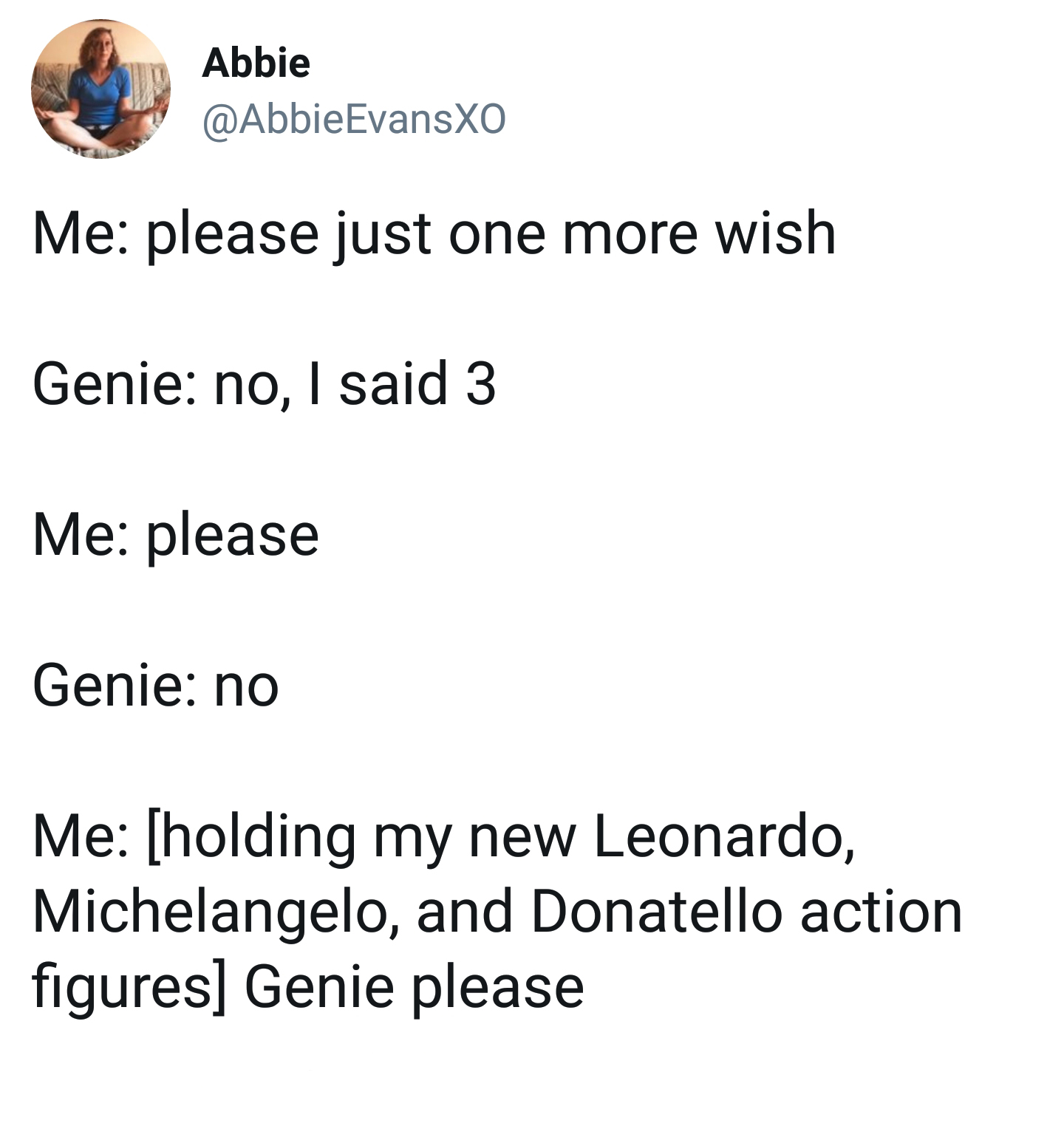 memes - Bit - Abbie Me please just one more wish Genie no, I said 3 Me please Genie no Me holding my new Leonardo, Michelangelo, and Donatello action figures Genie please
