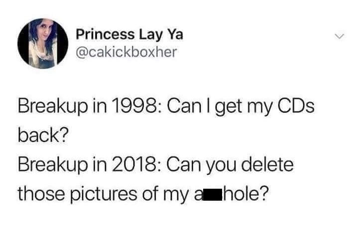 memes - breakups in 1998 - Princess Lay Ya Breakup in 1998 Can I get my CDs back? Breakup in 2018 Can you delete those pictures of my ahole?