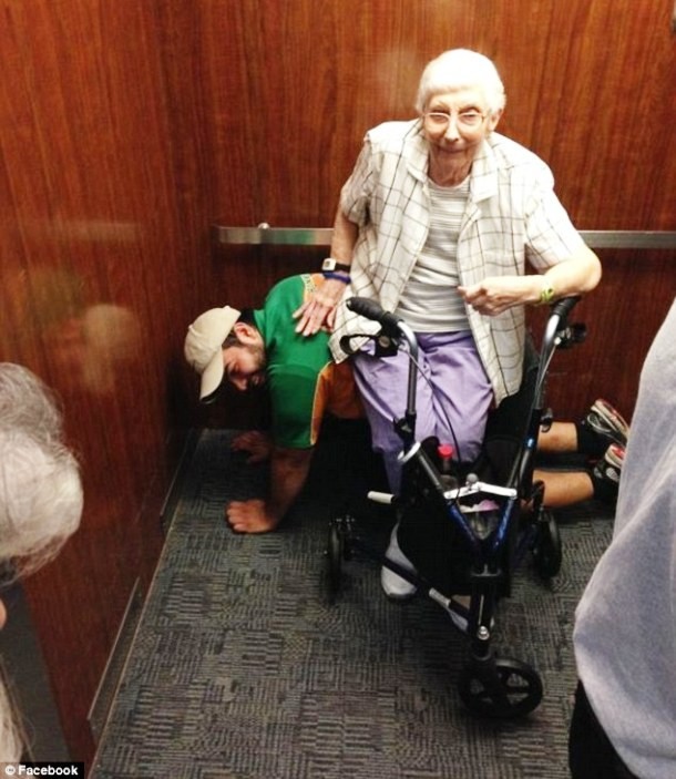 Cesar Larios, student at the Art Institute of Florida, got stuck in an elevator with an old lady when working as a mover. After some time, the lady started to have troubles standing in the elevator, so Larious dropped to all fours and acted as a human bench for her.