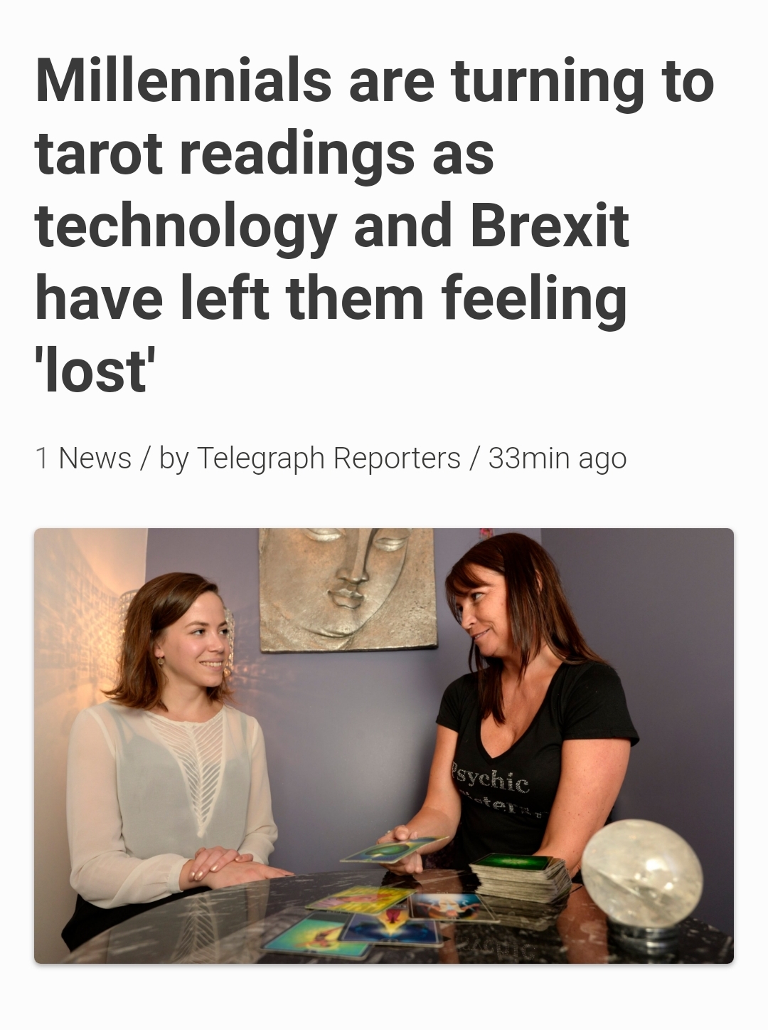 human behavior - Millennials are turning to tarot readings as technology and Brexit have left them feeling 'lost' 1 News by Telegraph Reporters 33min ago syehin
