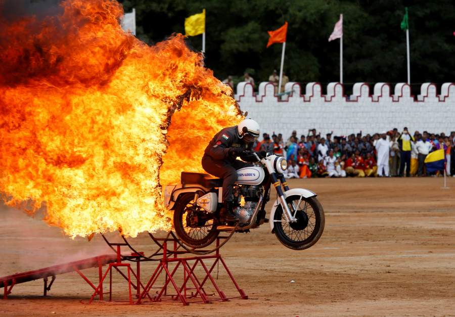 motorcycle through hoop of fire