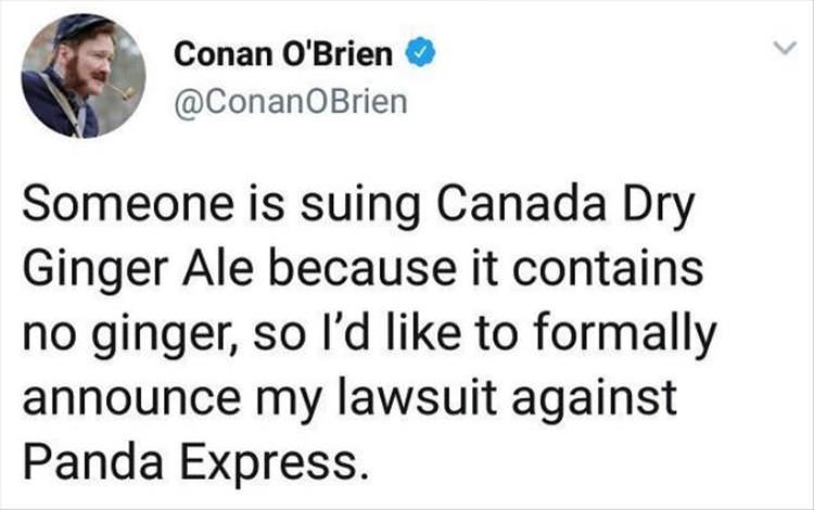 memes - support black ariel - Conan O'Brien Someone is suing Canada Dry Ginger Ale because it contains no ginger, so I'd to formally announce my lawsuit against Panda Express.